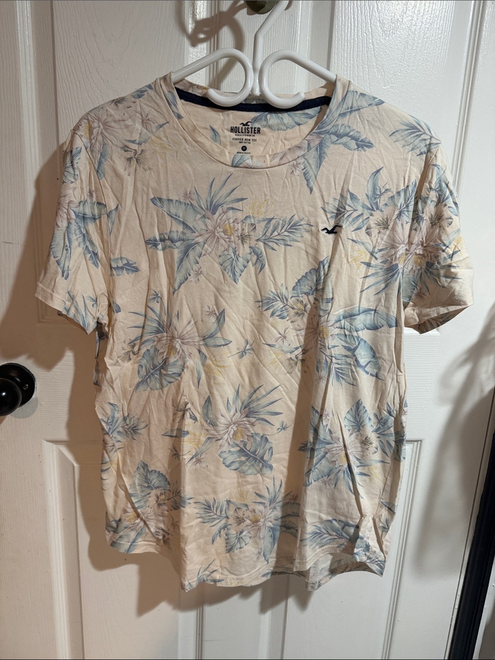 Hollister Cream Floral Short Sleeve Tee with Light Blue Accents